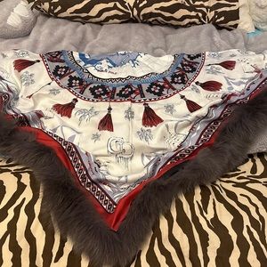 NewChristian Dior scarf real silk,real fox fur,triangle shape gray multi CDlogo